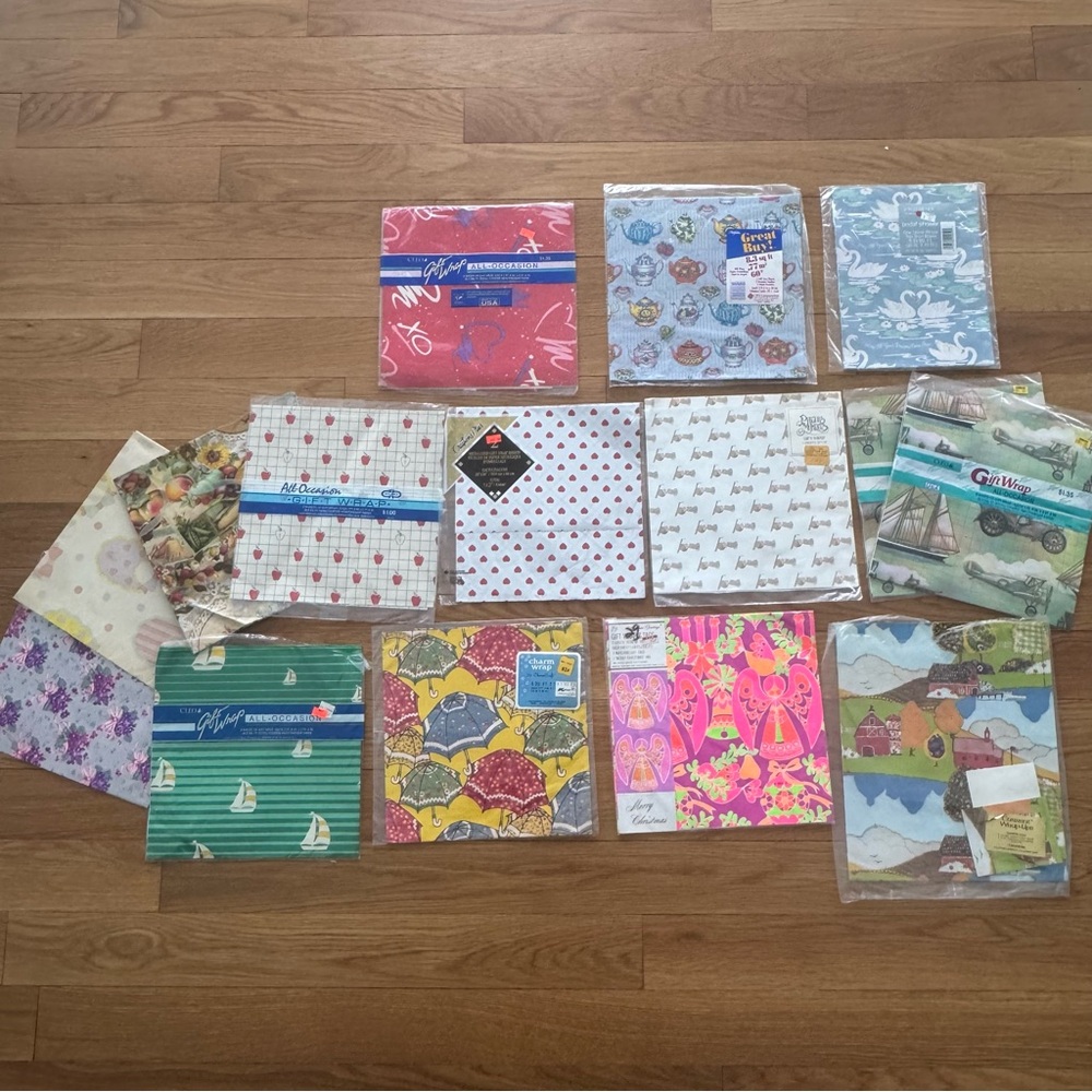 Vintage Gift Wrap Lot Assorted Designs Angels Swans Folk Art Sailboats Ephemera